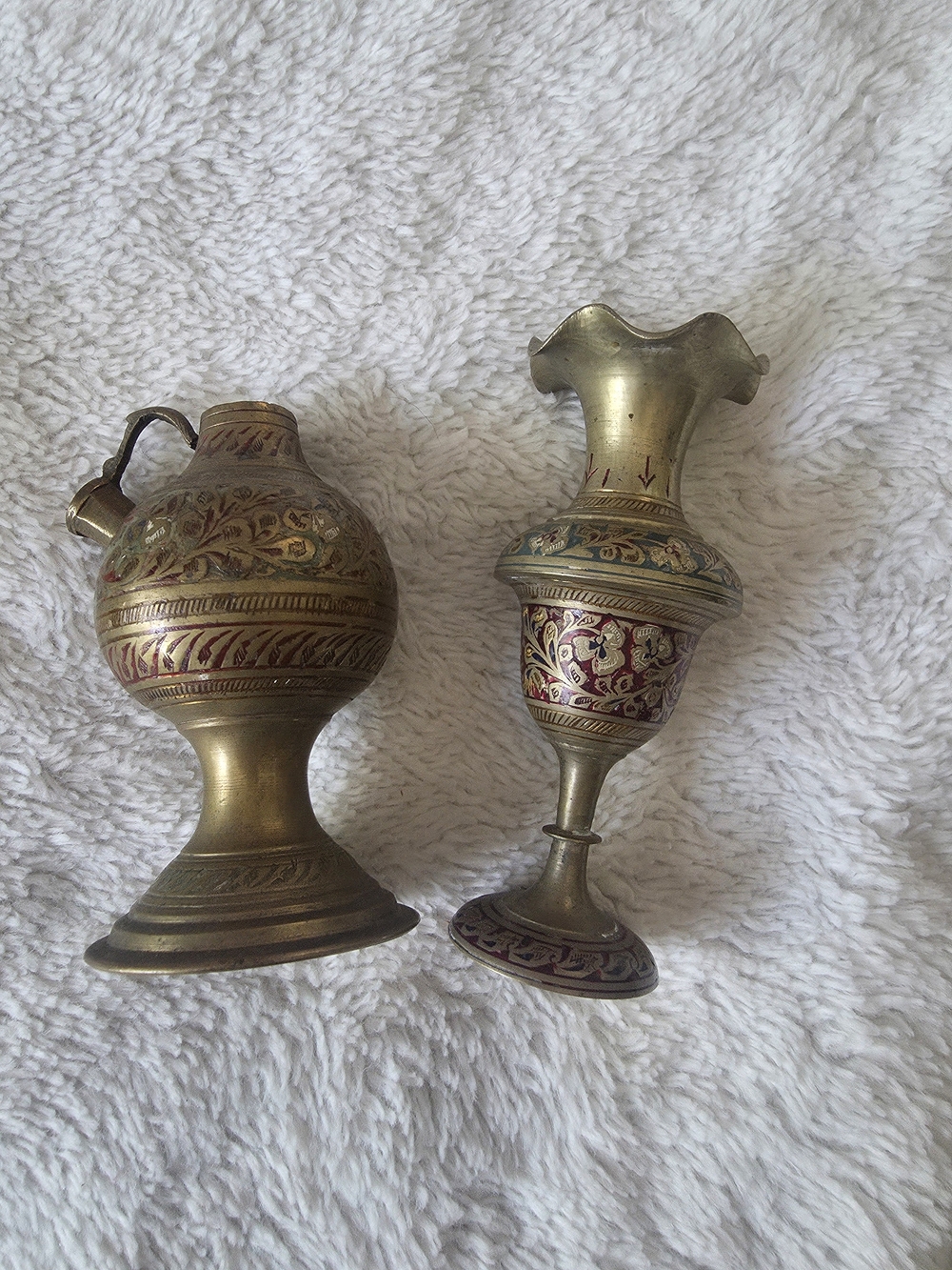 Vintage Brass Etched Bud Vase And Pitcher Set Engraved Floral Design